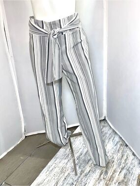 Soho Gray & White Striped Tie-Waist Straight Leg Pants